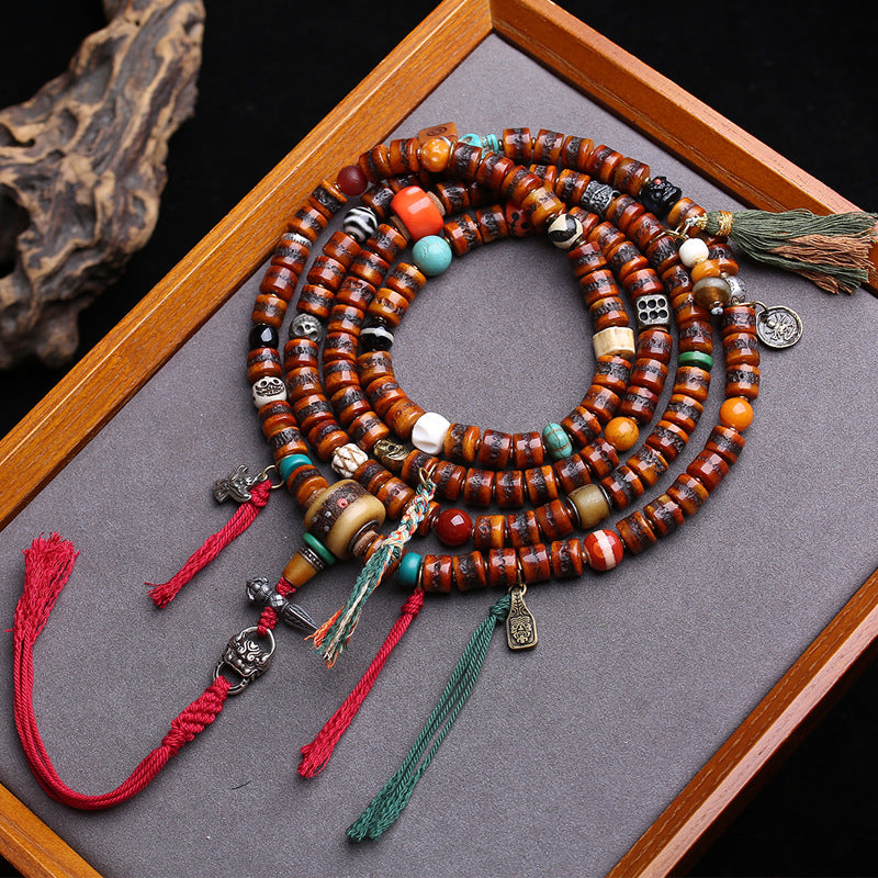 EverestArtstudios Yak Bone 108-Bead Mala with Agate and Turquoise Accents