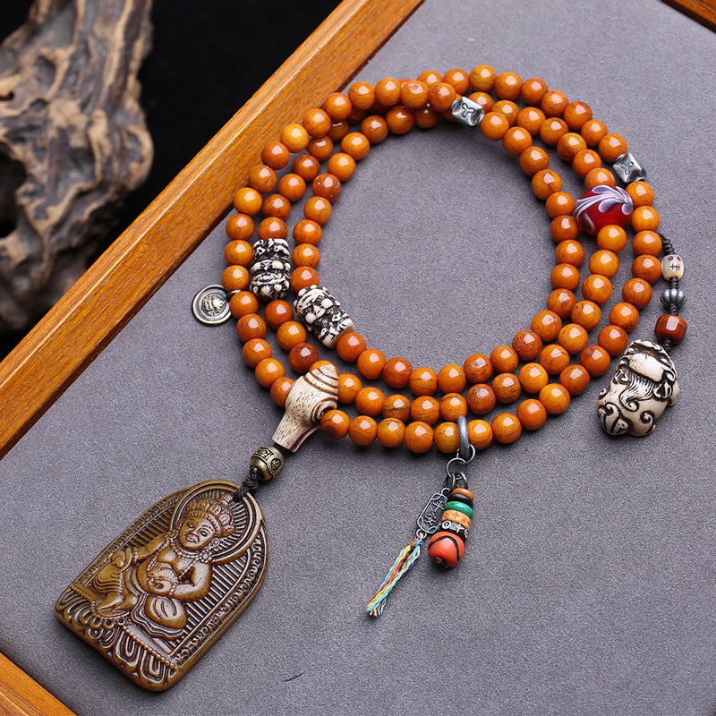 108 Buddhist beads, rosary beads, round beads engraved with yellow God of Wealth pendant and glazed yak bone accessories.