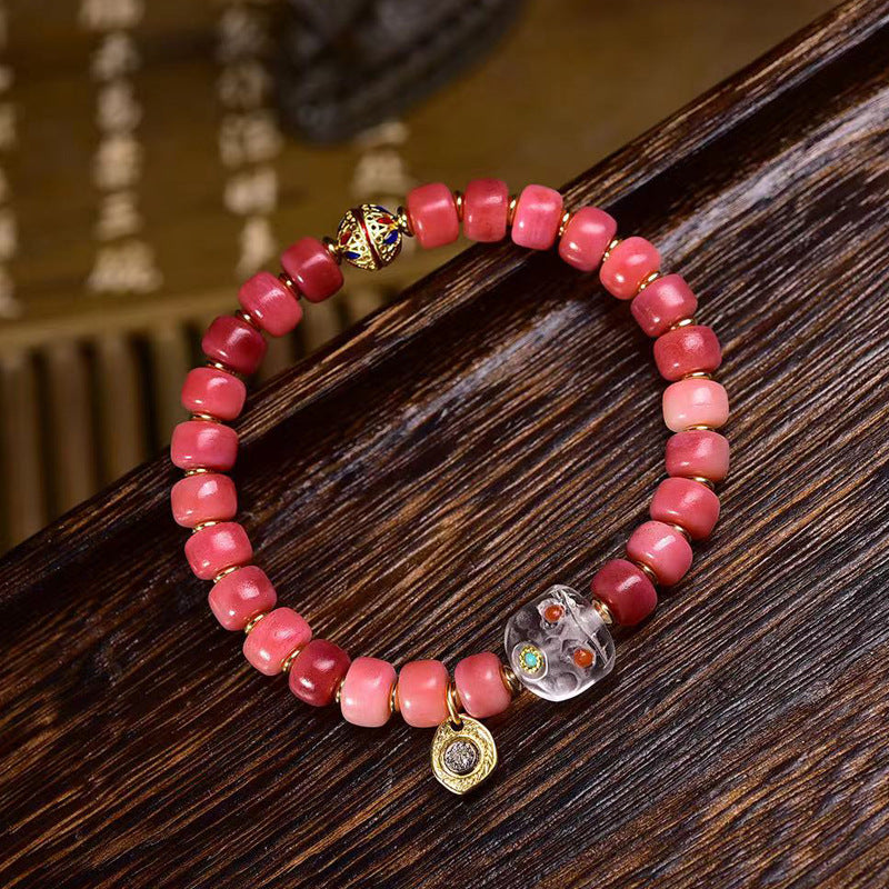 EverestArtstudios Camel Bone Crimson Barrel Bead Agate Bracelet