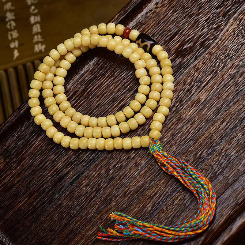 EverestArtstudios Natural Yak Bone Barrel-Bead 108-Bead Mala with Glass and Agate Accents