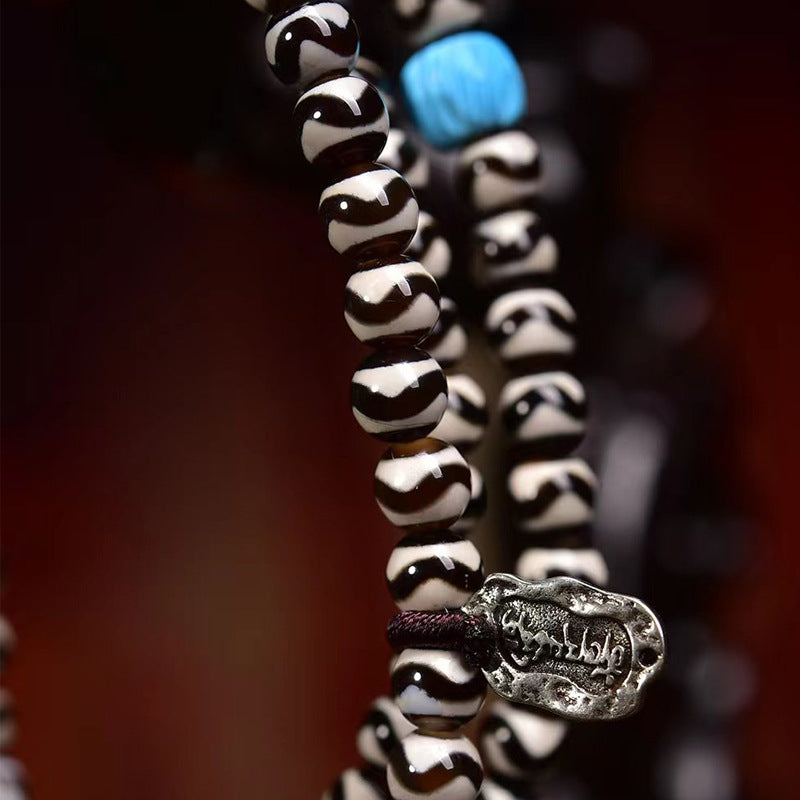 EverestArtstudios Natural Agate Tiger-Tooth Dzi 108-Bead Mala with Red Agate and Clear Quartz