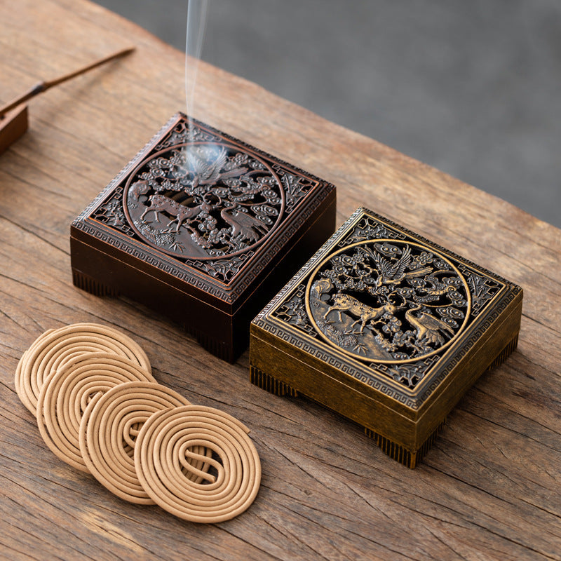 Crane Deer Tongchun Square Plate Incense Burner Agarwood Sandalwood Alloy Incense Burner Household Indoor Seal Incense Box Aromatherapy Burner Ornament