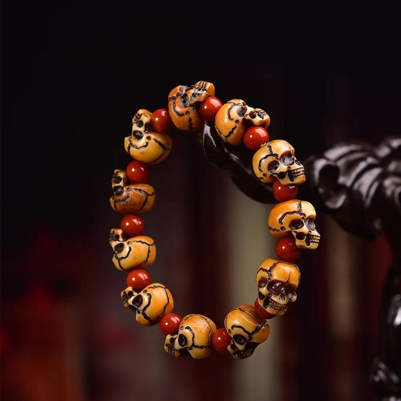 EverestArtstudios Camel Bone Carved Skull Bead Bracelet