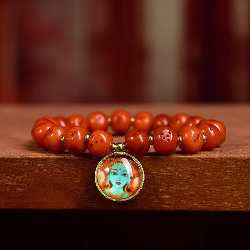 EverestArtstudios Camel Bone Dice Bead Green Tara Charm Bracelet