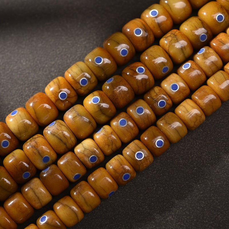 EverestArtstudios Aged Camel Bone and Lapis Inlaid Barrel-Bead 108-Bead DIY Strand