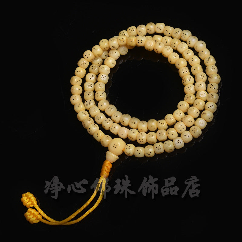 EverestArtstudios Natural Golden-Yellow Camel Bone 108-Bead Mala with Carved Dice
