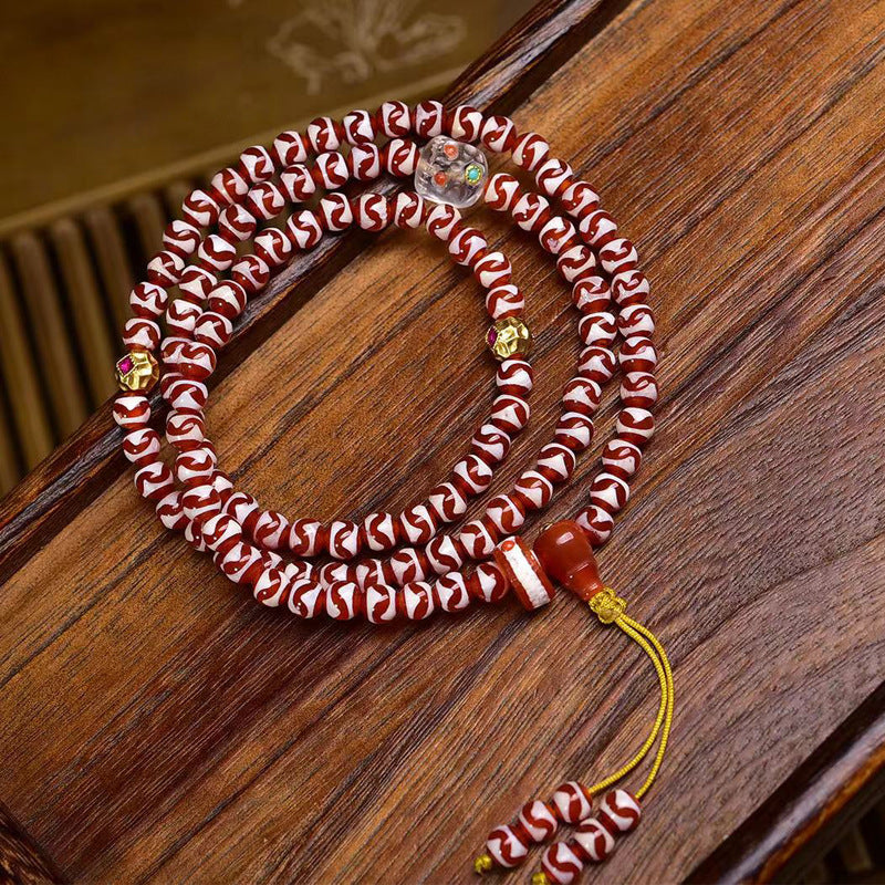 EverestArtstudios Natural Tiger-Tooth Dzi and Amethyst 108-Bead Tibetan Mala