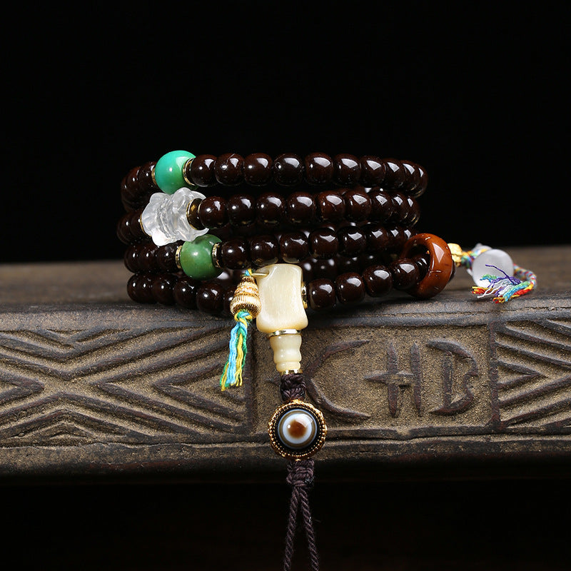 EverestArtstudios Coconut Barrel-Bead Mala with Agate and Crystal Lotus Accents