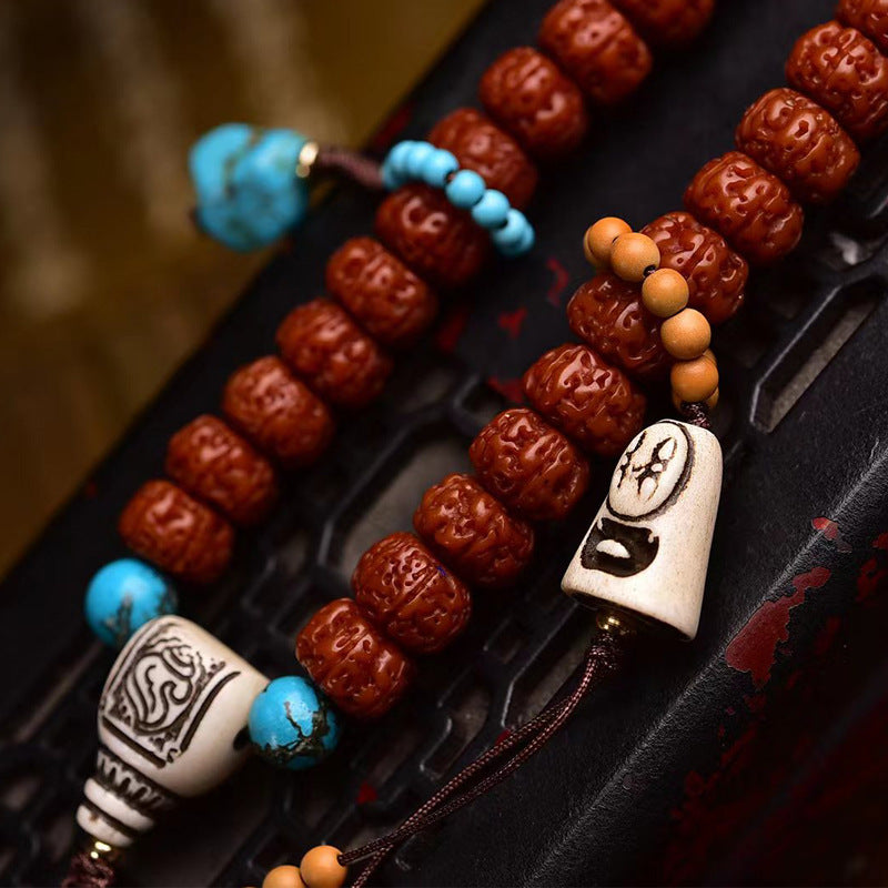 EverestArtstudios Tibetan Double-Dragon Five-Petal Rudraksha 108-Bead Mala Necklace