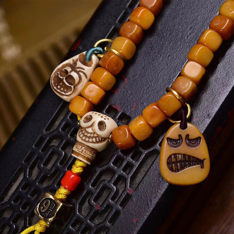 EverestArtstudios Tibetan Vintage Bone Carved Square-Bead 108-Bead Mala
