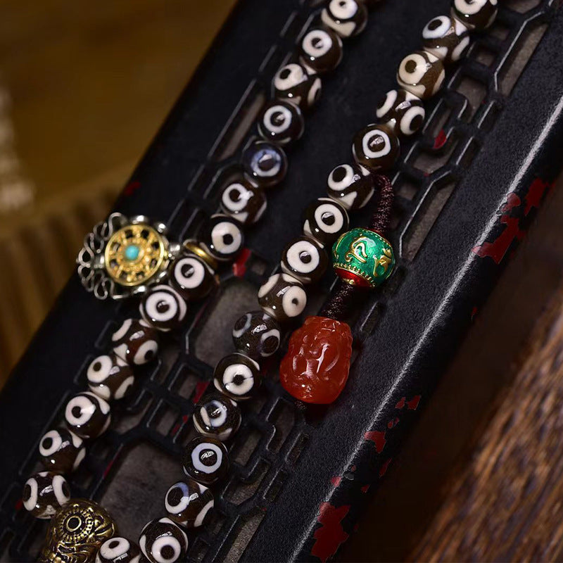 EverestArtstudios Natural Three-Eye Dzi and Red Agate 108-Bead Tibetan Mala