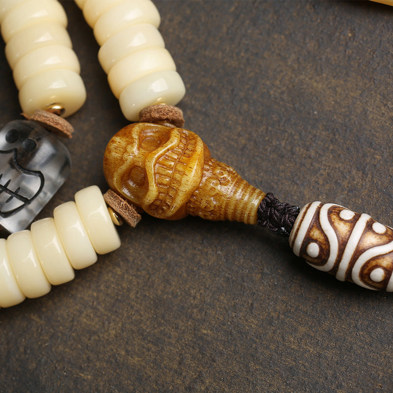 EverestArtstudios Golden-Tone Camel Bone 108-Bead Mala with Carved Accents