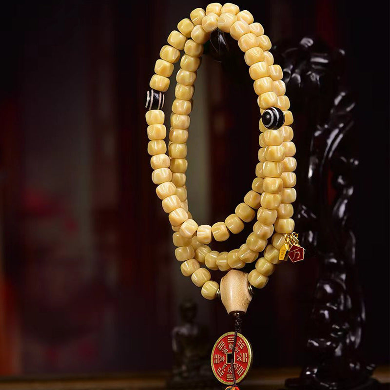 EverestArtstudios Natural Carved Deer Bone and Meteorite Passion Seed 108-Bead Mala with Mountain Ghost Coin