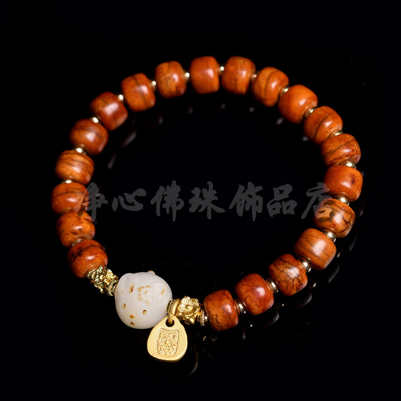 EverestArtstudios Bone Agate Dzi-Style Tassel Bracelet