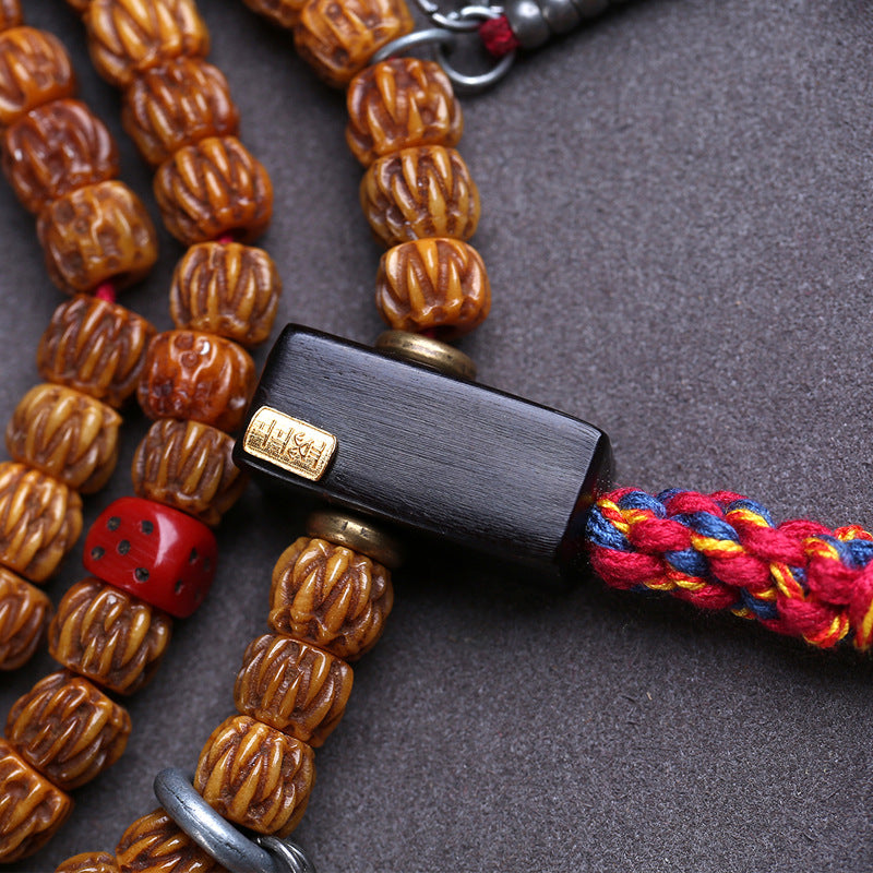 EverestArtstudios Carved Yak Bone 108-Bead Mala with Camel Bone and Sandalwood Accents