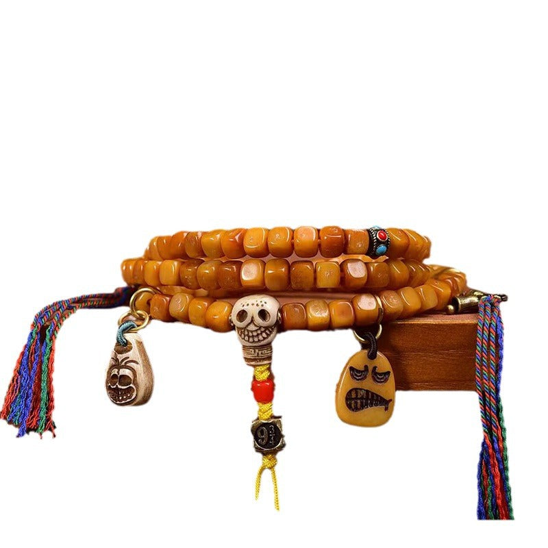 EverestArtstudios Tibetan Vintage Bone Carved Square-Bead 108-Bead Mala