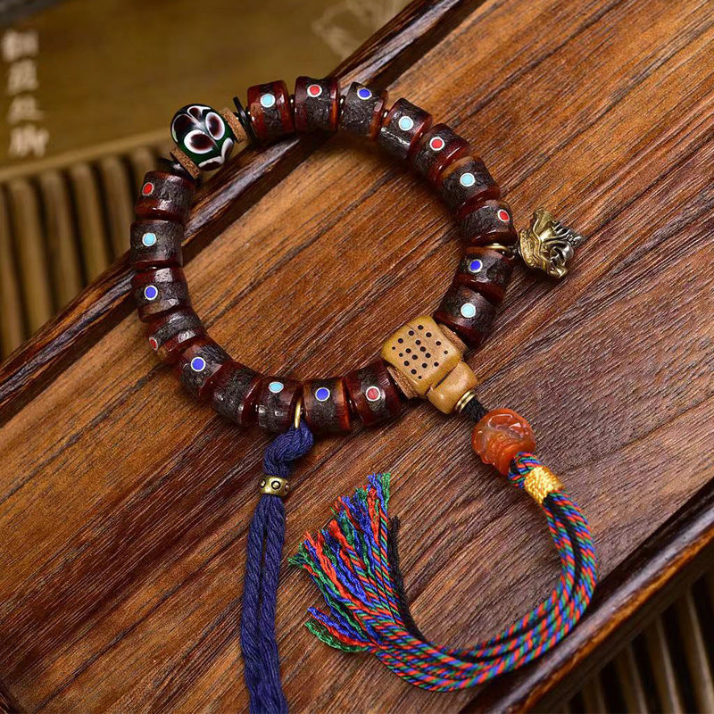 EverestArtstudios Yak Bone Multicolor Inlay Barrel Bead Bracelet