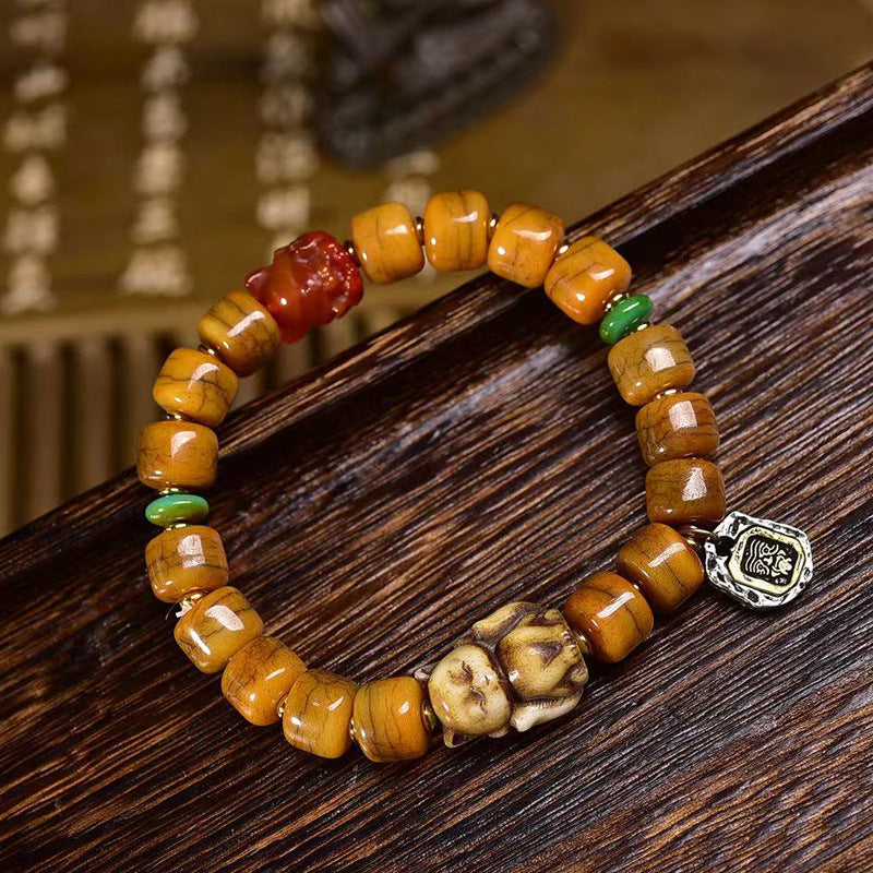 EverestArtstudios Bone Agate Dzi-Style Fox Accent Bracelet