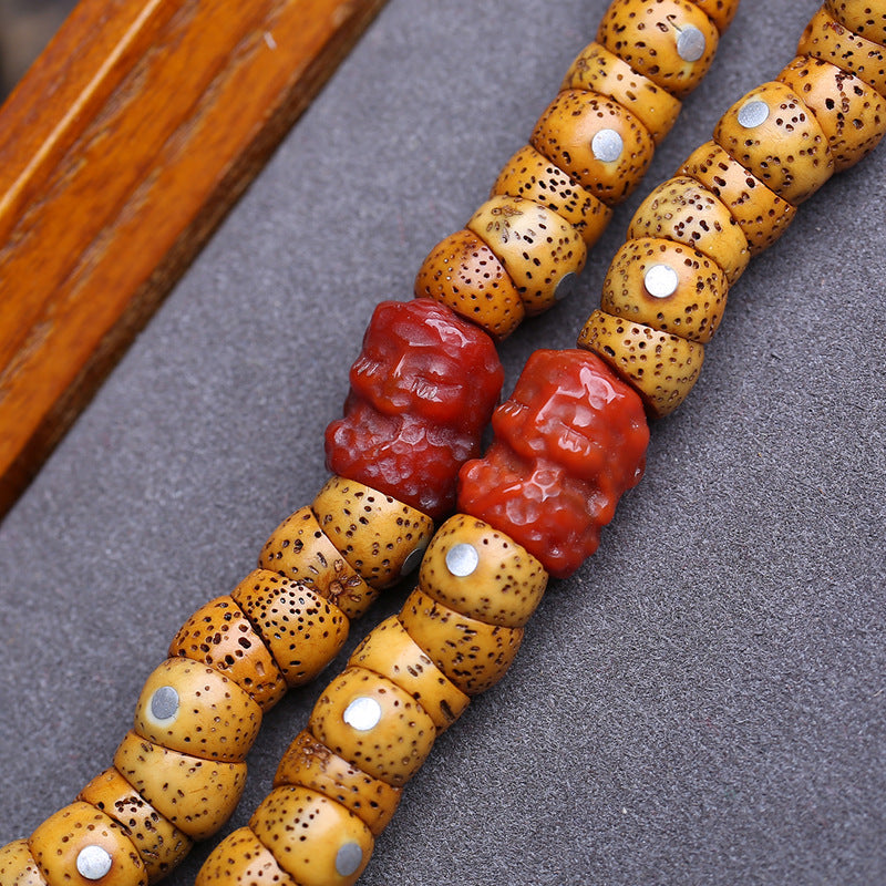 Tibetan Wenwan Xingyue Bodhi Son 108 Buddha Beads, Rosary Beads, Old Material Yak Bone Tee Red Agate Accessories