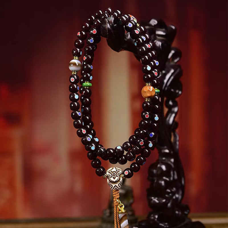 EverestArtstudios Natural Cinnabar-Finished Inlaid Xingyue Bodhi 108-Bead Mala