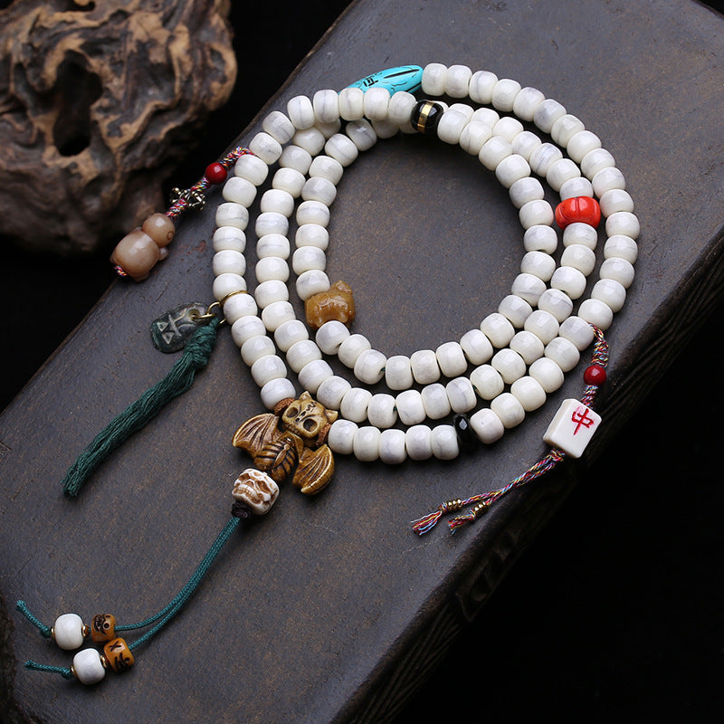 EverestArtstudios Carved Bone 108-Bead Mala with Yak Bone and Tassel Accents