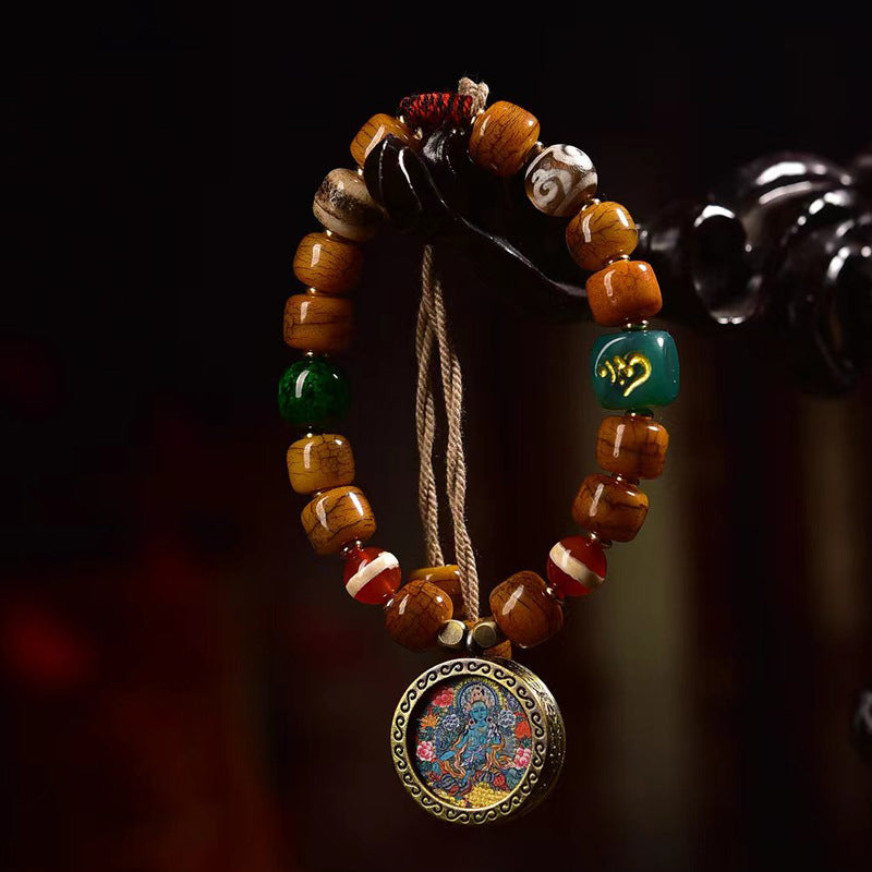 EverestArtstudios Camel Bone Barrel Bead Green Tara Charm Bracelet