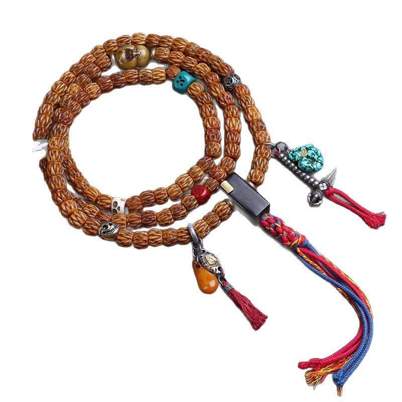 EverestArtstudios Carved Yak Bone 108-Bead Mala with Camel Bone and Sandalwood Accents