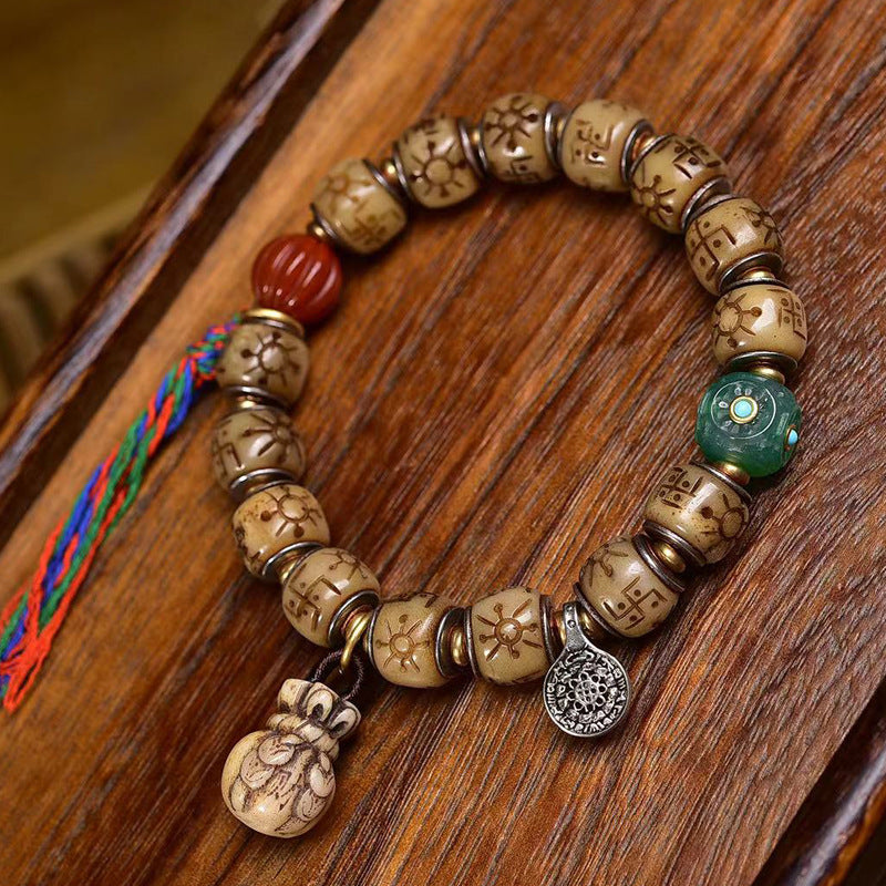 EverestArtstudios Bone Engraved Barrel Bead Inlay Bracelet
