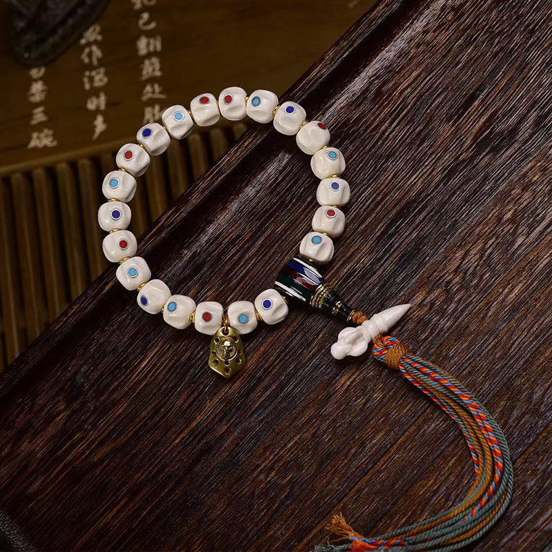 EverestArtstudios Bone Inlaid Bead Agate Dzi-Style Bracelet