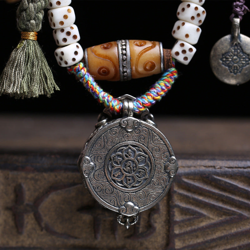 Tibetan return bone carving dice 108 Buddha beads Gawu box yellow God of Wealth pendant old bone inlaid dzi beads accessories
