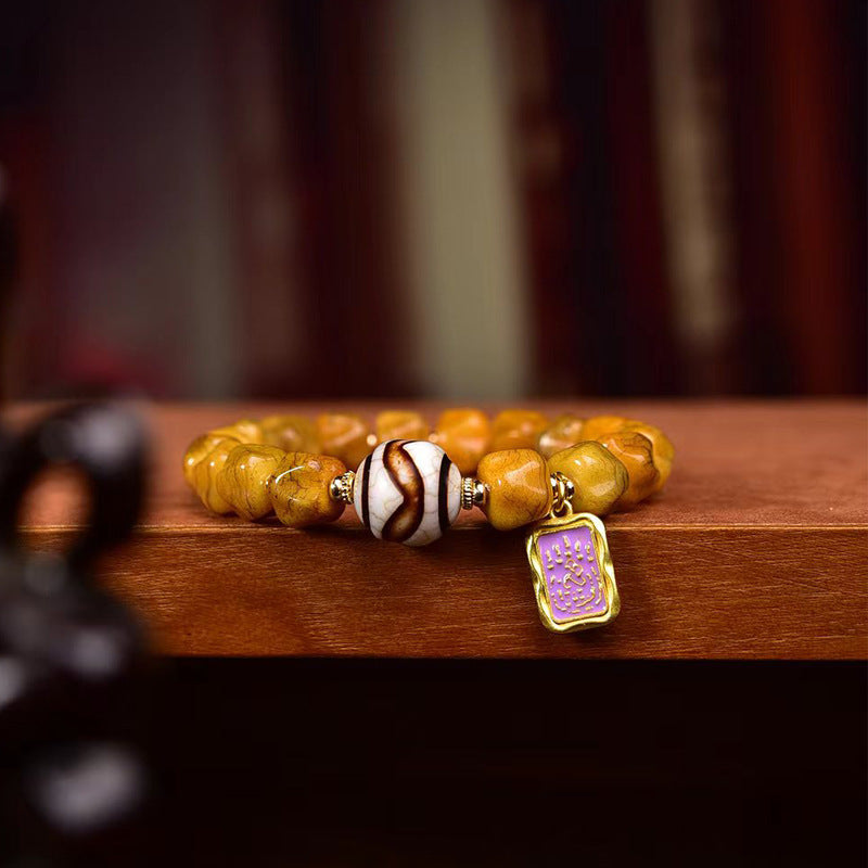 EverestArtstudios Camel Bone Carved Seed-Pattern Tassel Bracelet