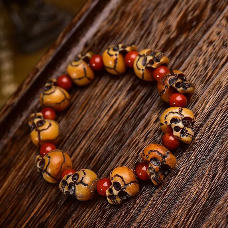 EverestArtstudios Camel Bone Carved Skull Bead Bracelet
