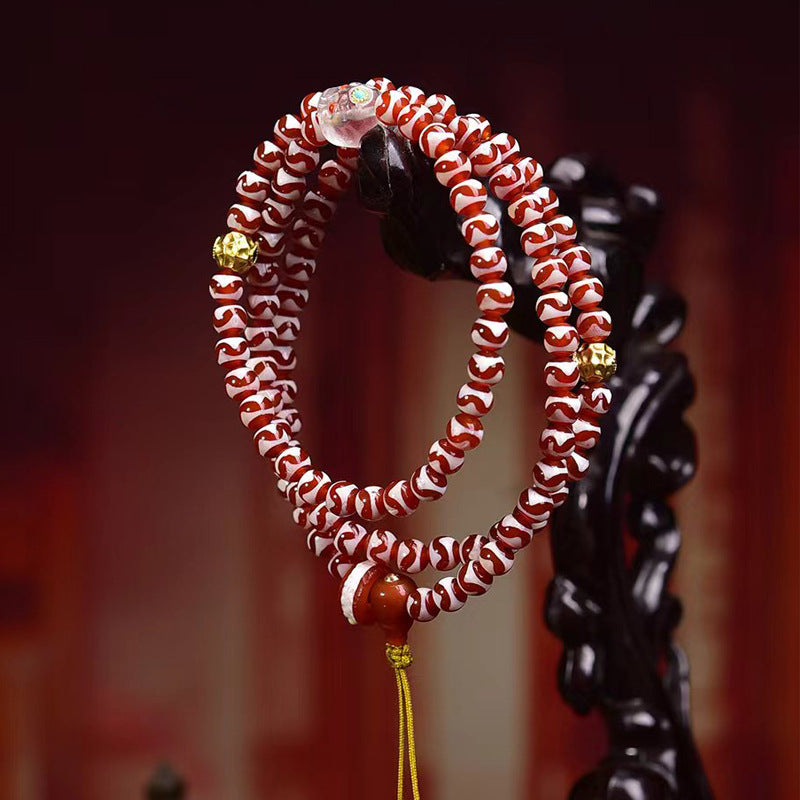 EverestArtstudios Natural Tiger-Tooth Dzi and Amethyst 108-Bead Tibetan Mala