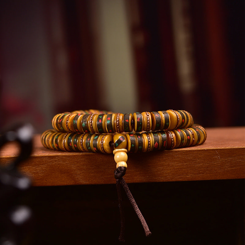 EverestArtstudios Aged Tibetan Yak Bone Inlaid Multi-Treasure 108-Bead DIY Strand