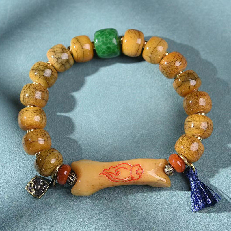 EverestArtstudios Camel Bone Agate Dzi-Style Copper Accent Bracelet