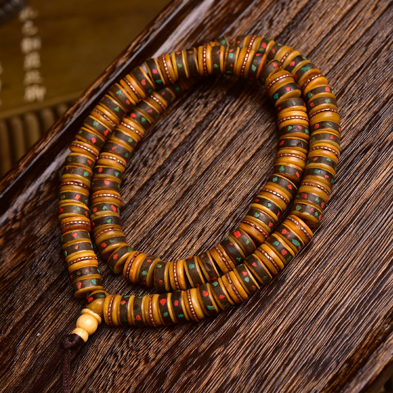 EverestArtstudios Aged Tibetan Yak Bone Inlaid Multi-Treasure 108-Bead DIY Strand