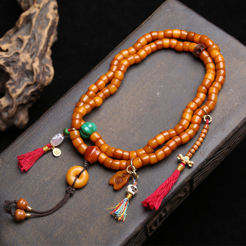 Tibetan return bone large intestine beads 108 Buddha beads male agate side hanging yak bone tee safety buckle back cloud accessories