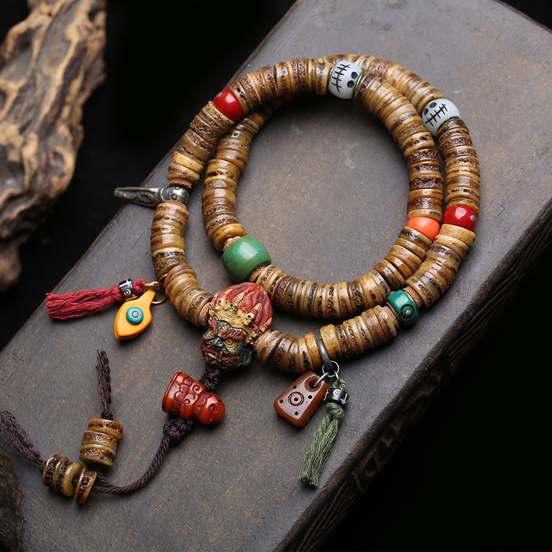 EverestArtstudios Camel Bone 108-Bead Mala with Carved Mahakala-Inspired Accent
