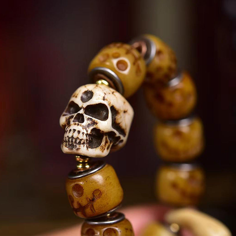 EverestArtstudios Camel Bone Carved Skull Motif Tassel Bracelet