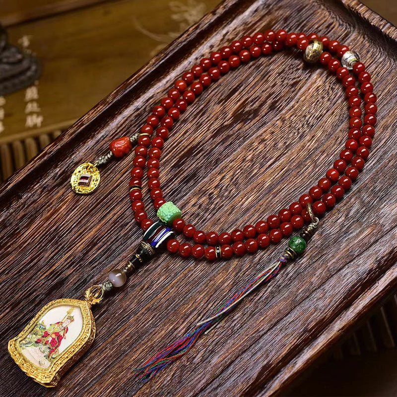 EverestArtstudios Red Agate 108-Bead Mala with Ksitigarbha Pendant
