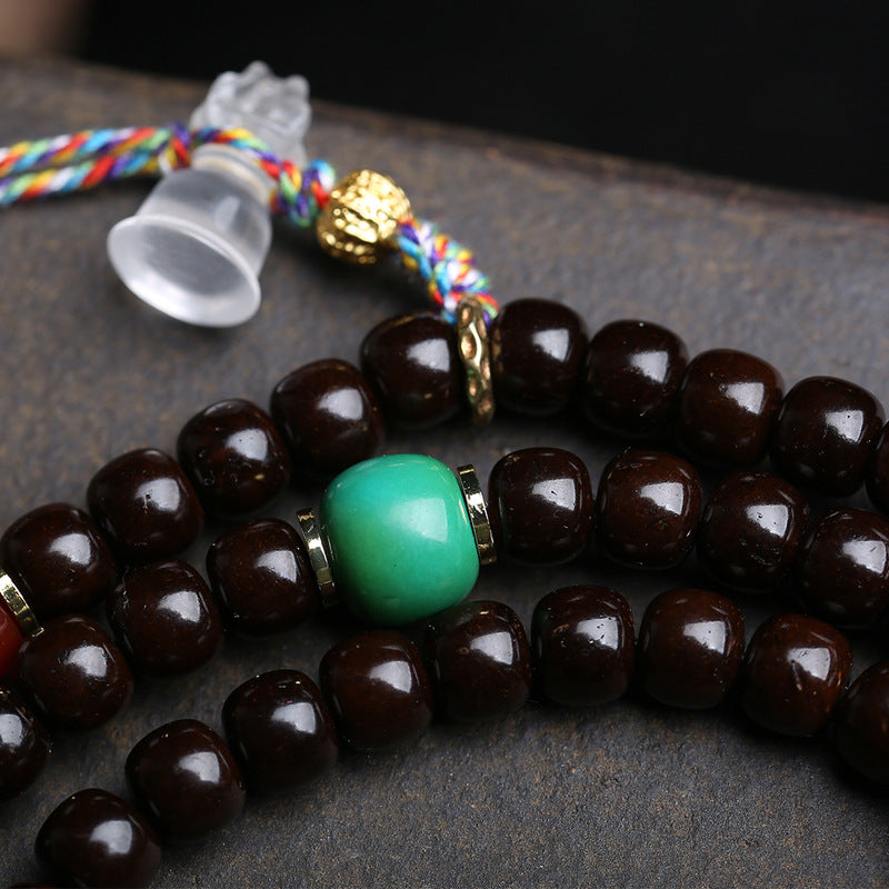 EverestArtstudios Coconut Barrel-Bead Mala with Agate and Crystal Lotus Accents