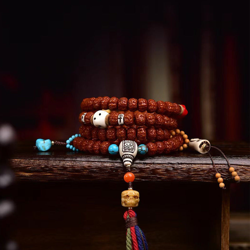 EverestArtstudios Tibetan Double-Dragon Five-Petal Rudraksha 108-Bead Mala Necklace