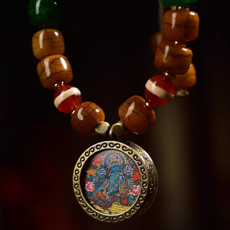 EverestArtstudios Camel Bone Barrel Bead Green Tara Charm Bracelet