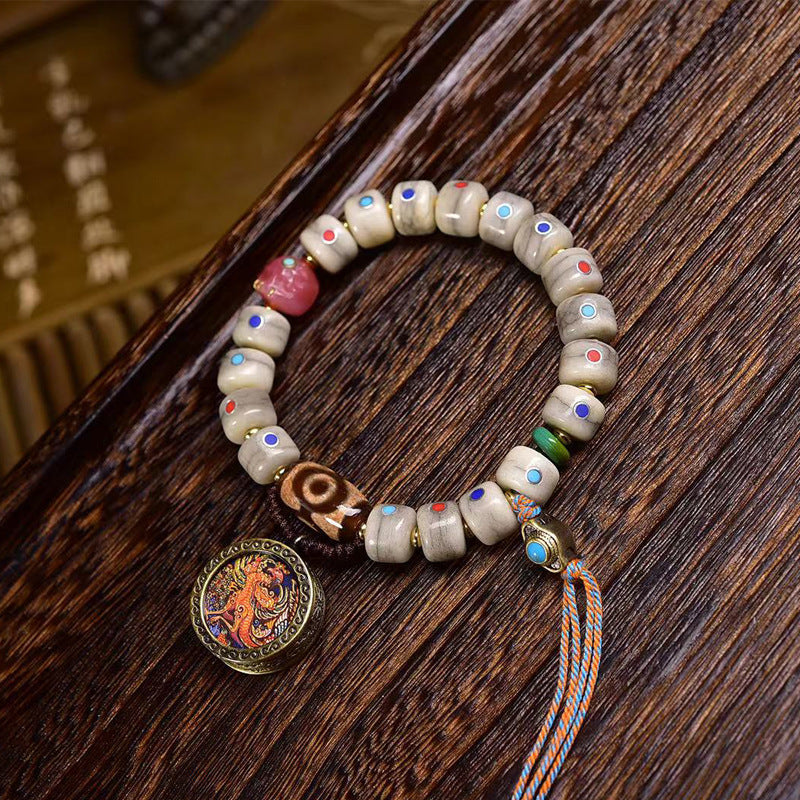 EverestArtstudios Camel Bone Multicolor Inlay Thangka Charm Bracelet
