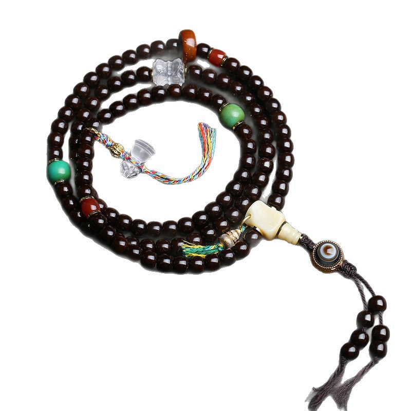 EverestArtstudios Coconut Barrel-Bead Mala with Agate and Crystal Lotus Accents