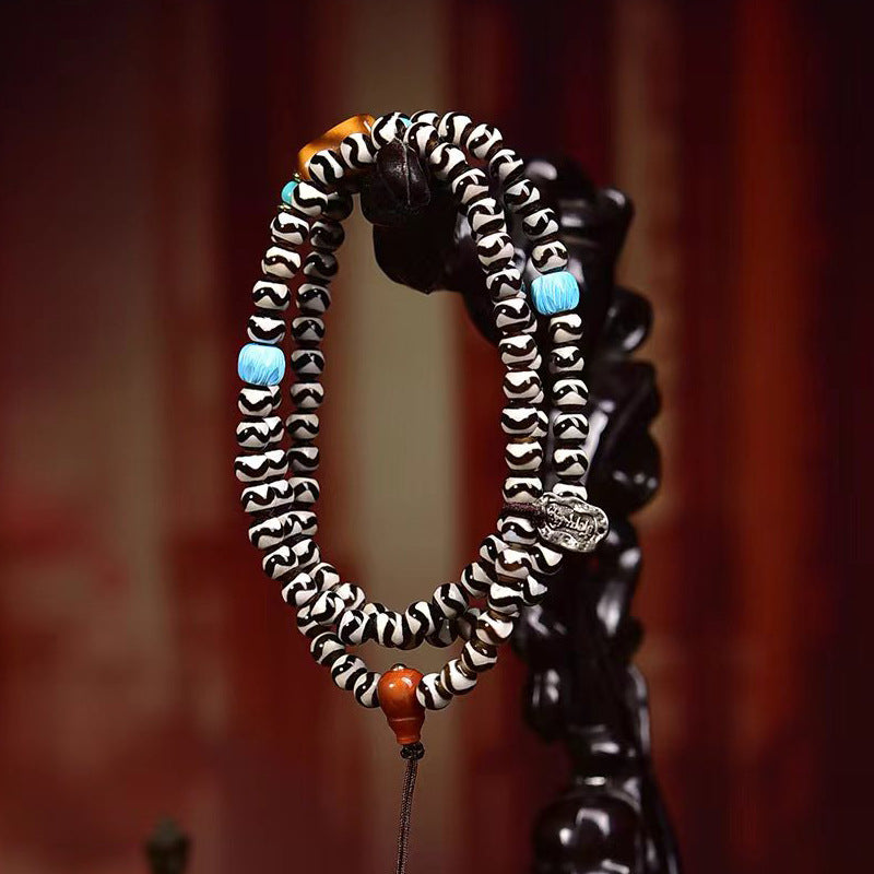 EverestArtstudios Natural Agate Tiger-Tooth Dzi 108-Bead Mala with Red Agate and Clear Quartz