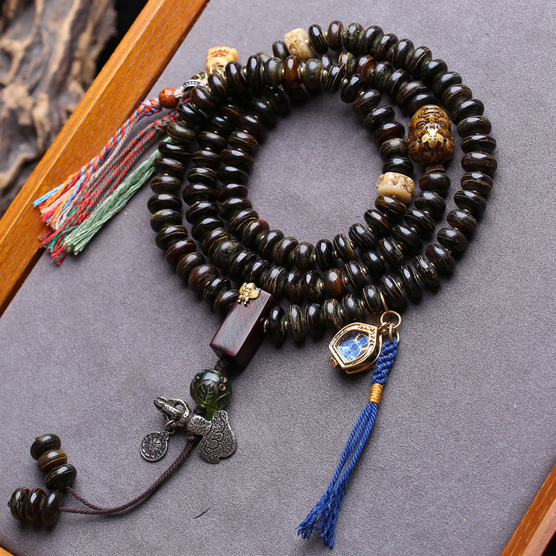 108 Buddha beads in Tibetan area, bamboo silk pattern, Tibetan reflux bone, big black sky sandalwood tee glazed accessories