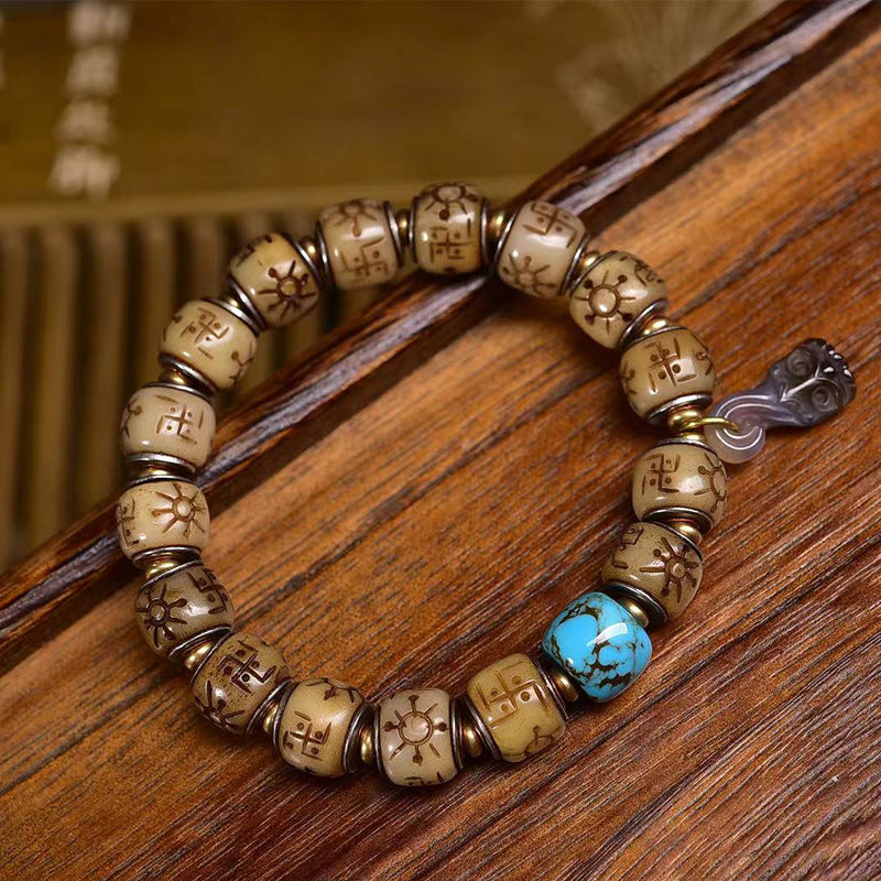 EverestArtstudios Bone Engraved Barrel Bead Inlay Bracelet