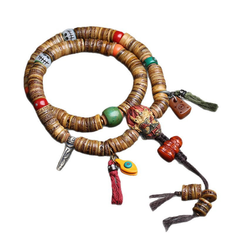 EverestArtstudios Camel Bone 108-Bead Mala with Carved Mahakala-Inspired Accent