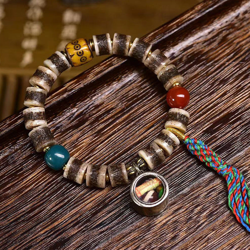 EverestArtstudios Bone Barrel Bead Agate Dzi-Style Bracelet